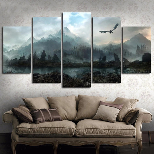 5 Pieces Dragon Skyrim Wall Art Canvas