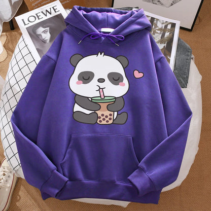 Pandas Love Drinking Pearl Milk Tea Print Hoodie