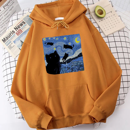 The Starry Cat Night Printing Hoodies