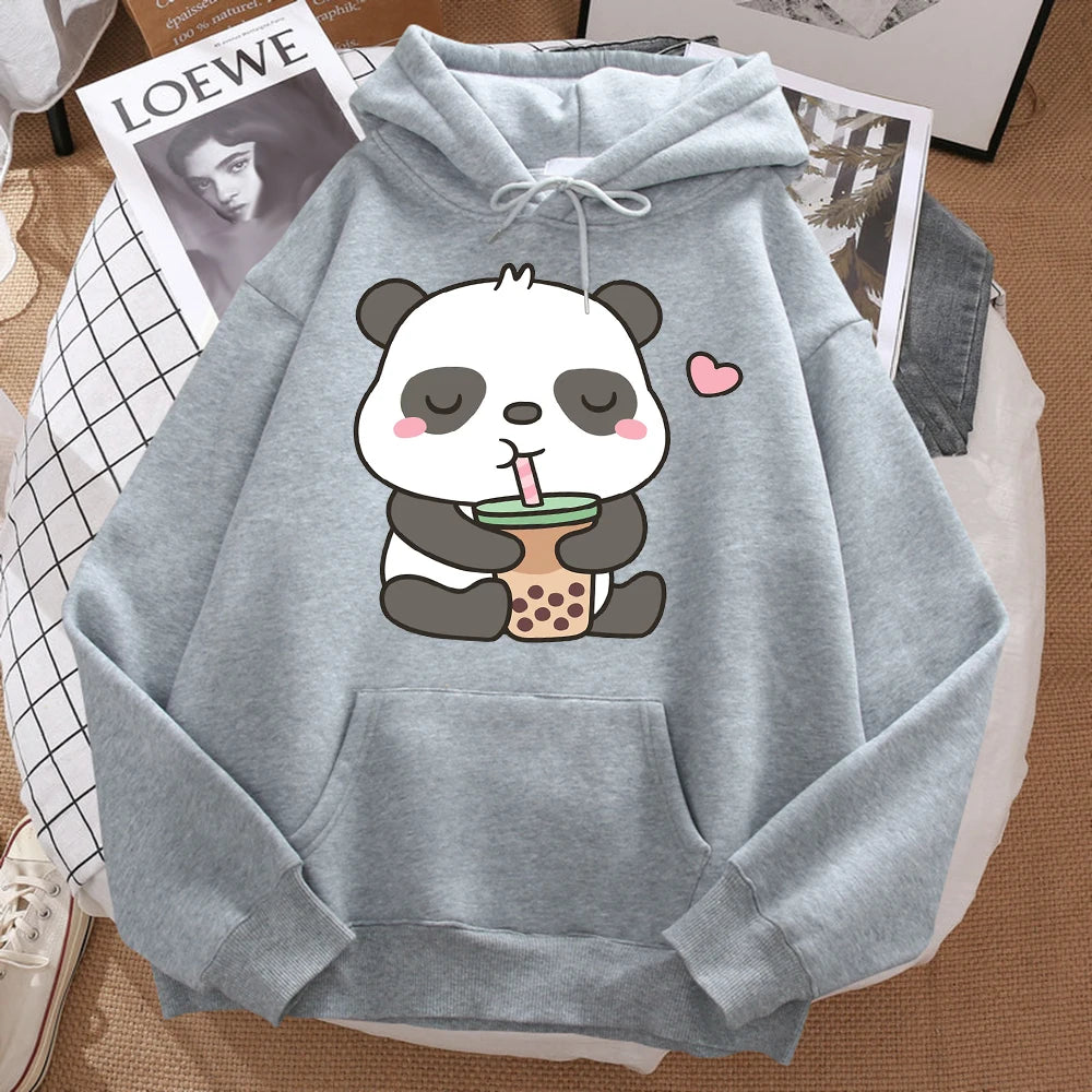 Pandas Love Drinking Pearl Milk Tea Print Hoodie