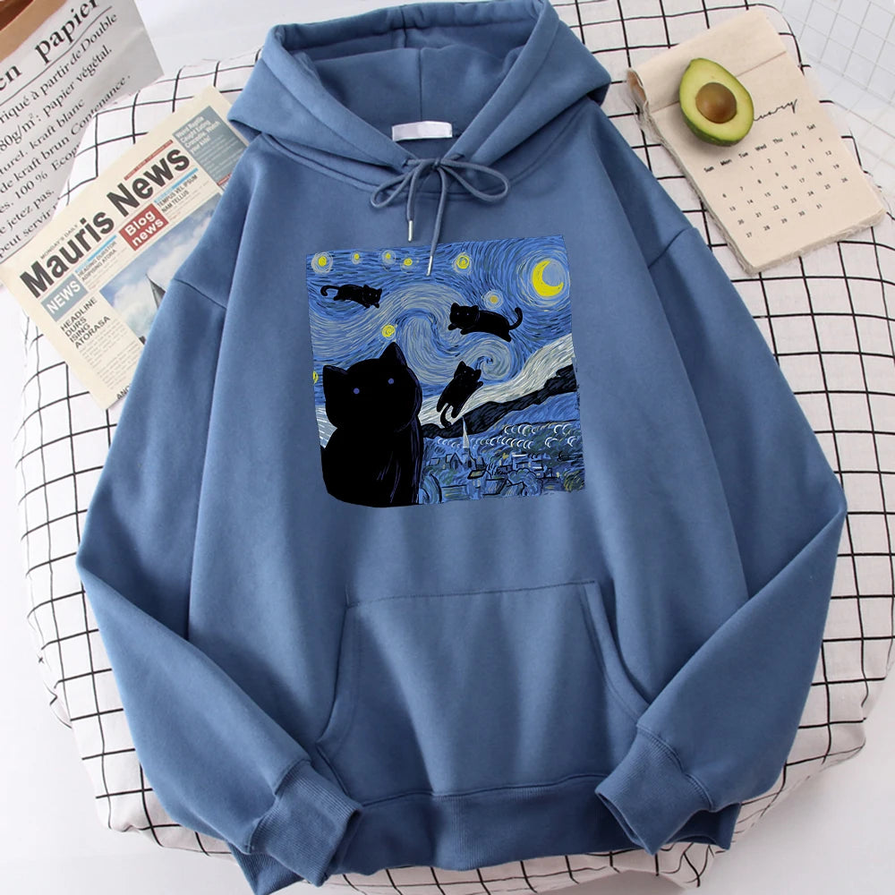 The Starry Cat Night Printing Hoodies