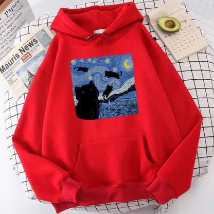 The Starry Cat Night Printing Hoodies