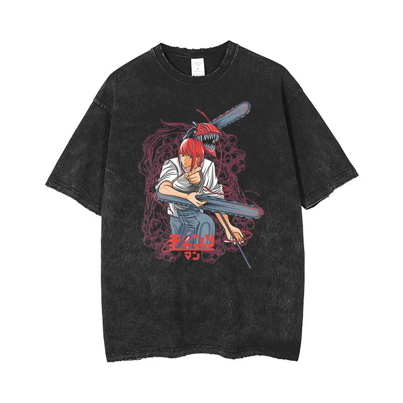 Chainsaw Man Retro Vintage Washed Printed T-Shirt