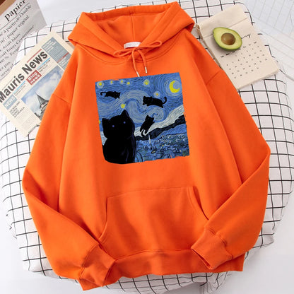 The Starry Cat Night Printing Hoodies