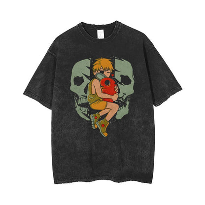 Chainsaw Man Retro Vintage Washed Printed T-Shirt