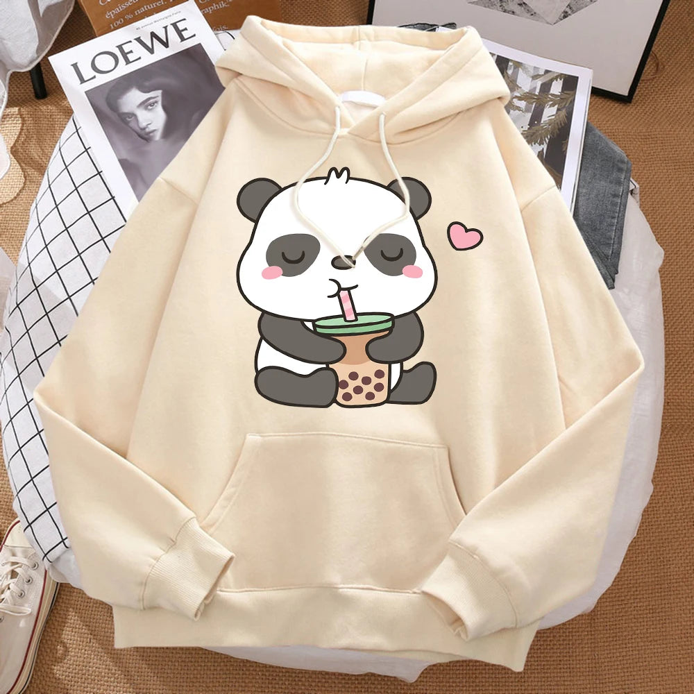 Pandas Love Drinking Pearl Milk Tea Print Hoodie