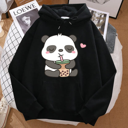 Pandas Love Drinking Pearl Milk Tea Print Hoodie