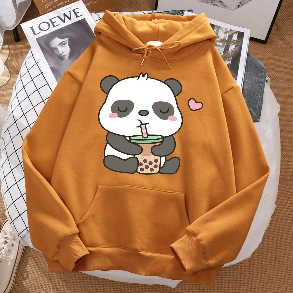 Pandas Love Drinking Pearl Milk Tea Print Hoodie