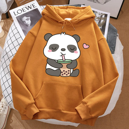 Pandas Love Drinking Pearl Milk Tea Print Hoodie