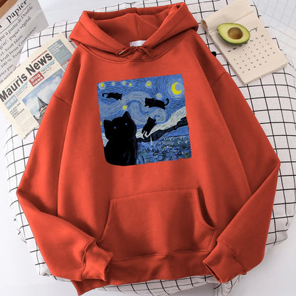 The Starry Cat Night Printing Hoodies