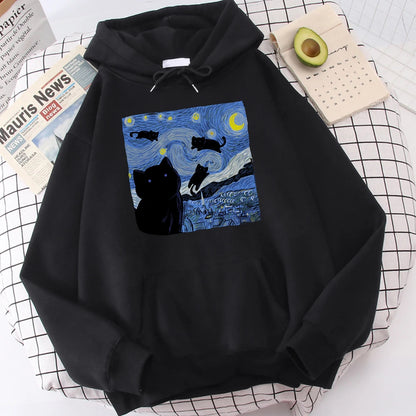 The Starry Cat Night Printing Hoodies