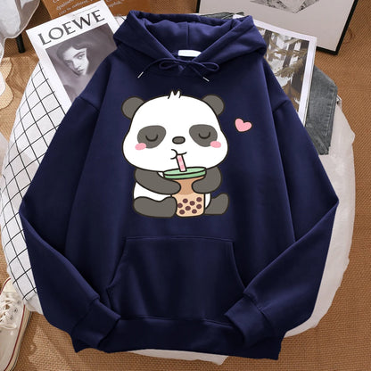 Pandas Love Drinking Pearl Milk Tea Print Hoodie