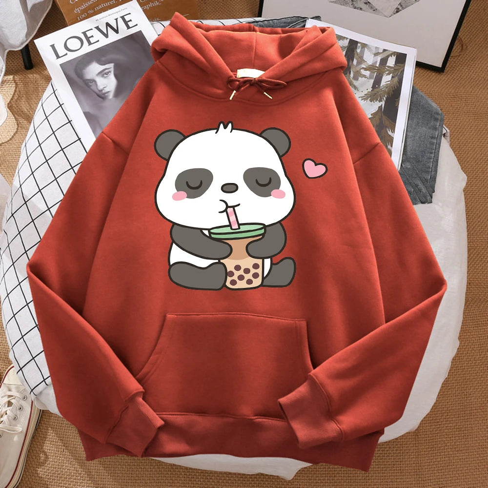 Pandas Love Drinking Pearl Milk Tea Print Hoodie