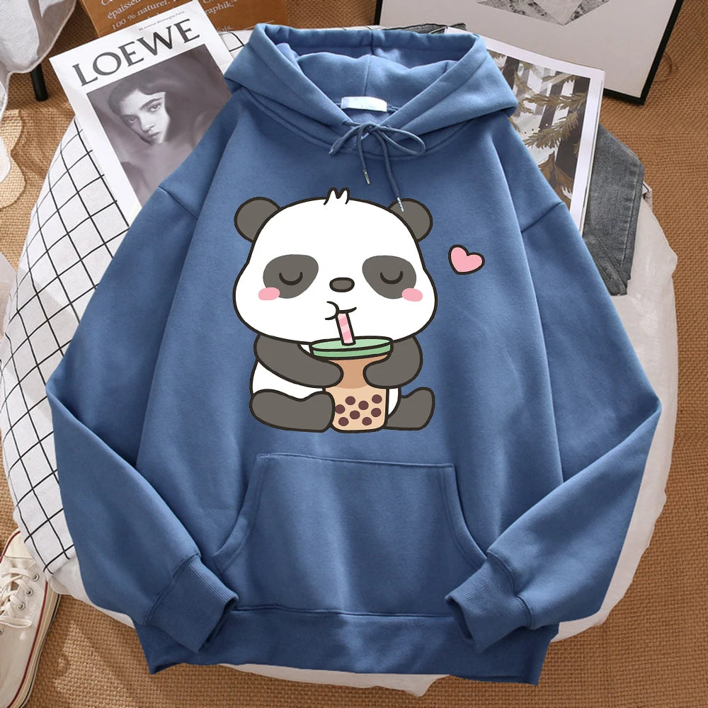 Pandas Love Drinking Pearl Milk Tea Print Hoodie