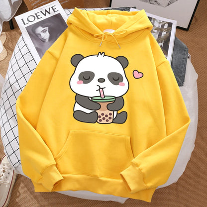 Pandas Love Drinking Pearl Milk Tea Print Hoodie